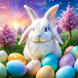 holland lop rabbit in a magical easter setting with colorful eggs, ethereal and dreamy details.