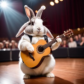 holland lop rabbit as a musician playing guitar in a cinematic concert hall, capturing dynamic and high-energy performance.