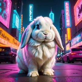 holland lop rabbit in a vibrant neon city with chinapunk style, featuring captivating lighting and a modern, exotic look.