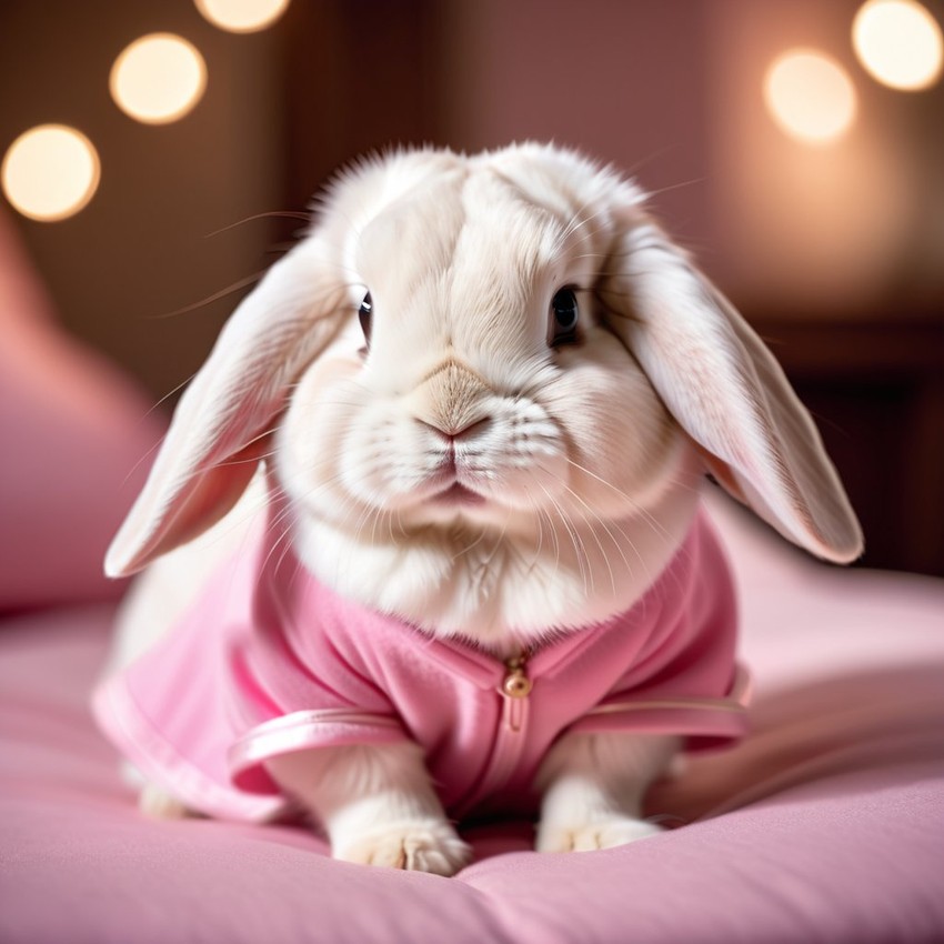 holland lop rabbit dressed in pink clothing, in a beautiful pink scene, radiating joy and cuteness.