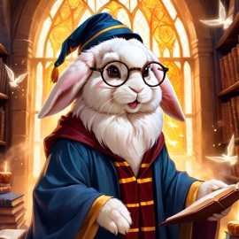 holland lop rabbit as harry potter, with glasses and a magical hogwarts setting, evoking a celestial and epic feel.