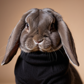 professional headshot of holland lop rabbit wearing a black turtleneck for a cv or linkedin, studio photo.