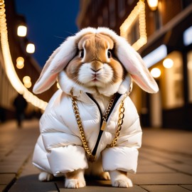 holland lop rabbit in a large white puffer coat with golden hip hop chains, set in a posh urban environment.