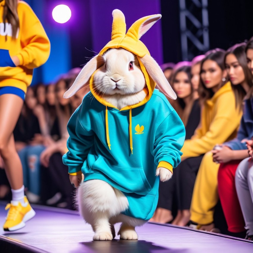 holland lop rabbit strutting down the fashion show catwalk stage in trendy streetwear including a cool hoodie and sneakers, high energy and trendy.