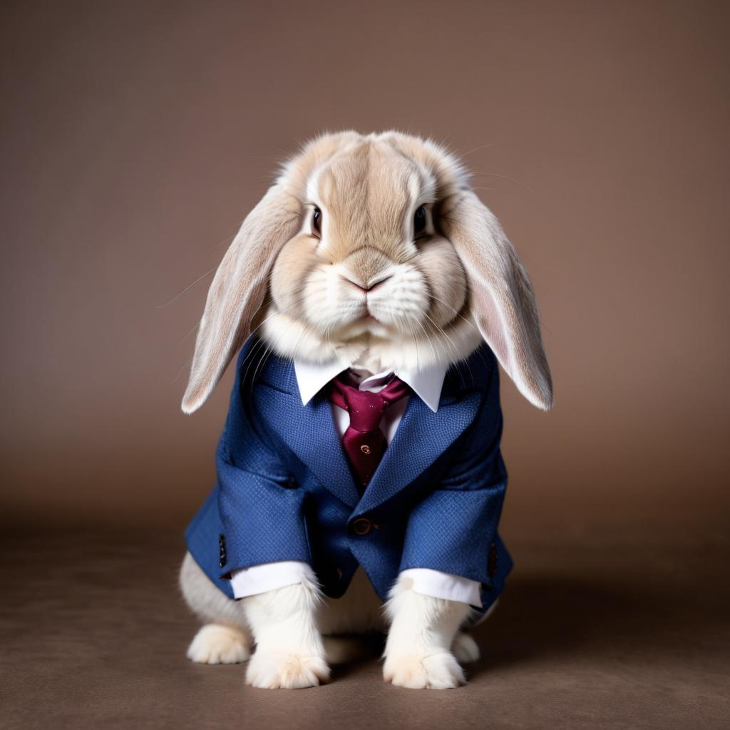 holland lop rabbit in a stylish suit, posing against a diffused background, looking cute and professional.