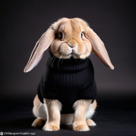 holland lop rabbit in a black turtleneck, against a diffused background, looking cute and elegant.