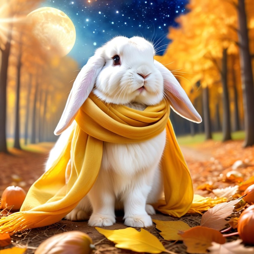 holland lop rabbit in a yellow scarf, ethereal and magical style.