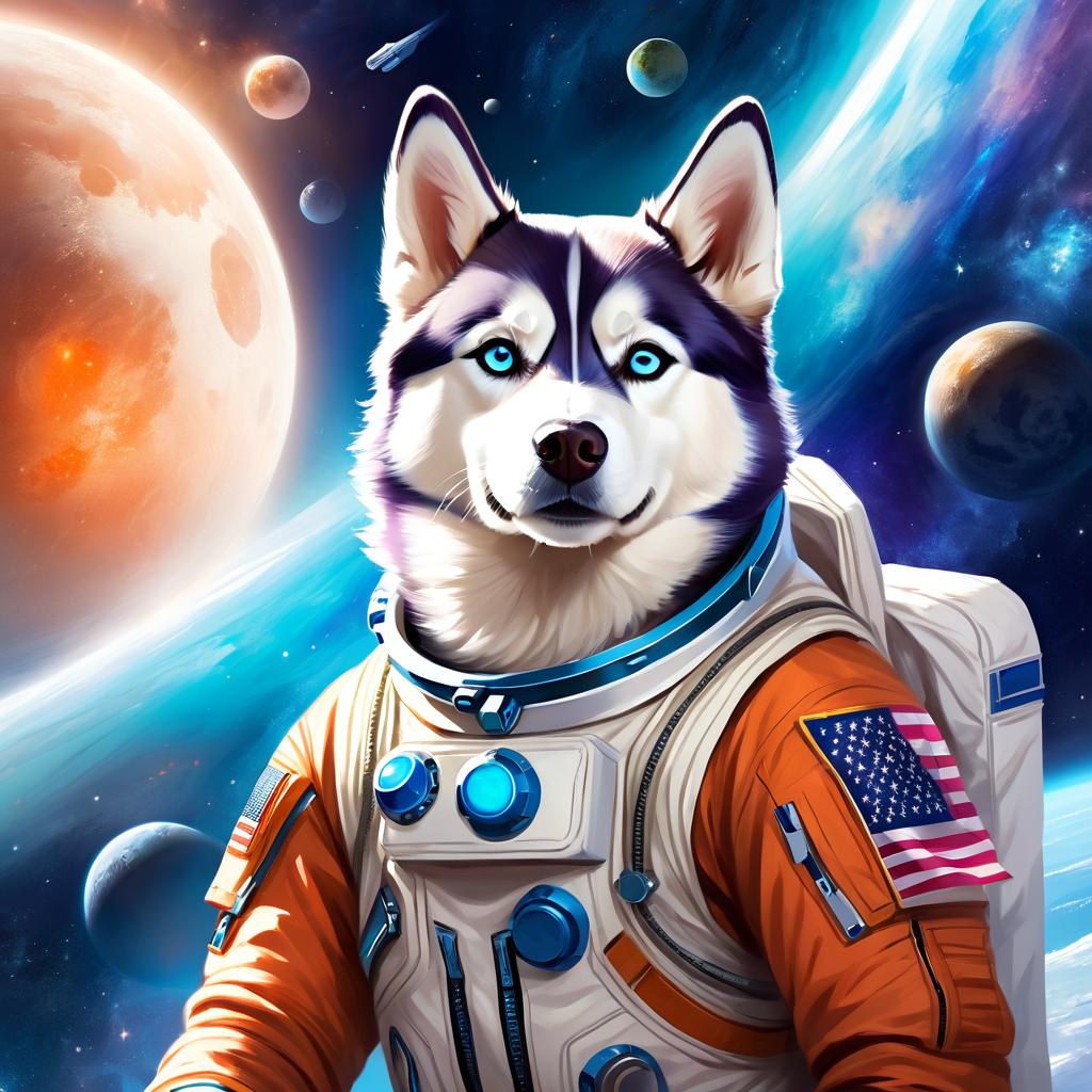 siberian husky as astronaut in space, ethereal and magical style, wearing spacesuit.