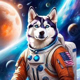 siberian husky as astronaut in space, ethereal and magical style, wearing spacesuit.