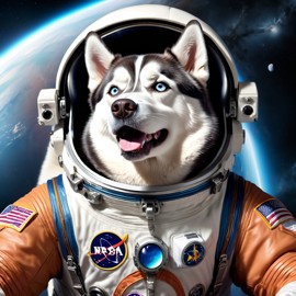 siberian husky as astronaut in space, wearing spacesuit, highly detailed and lifelike.