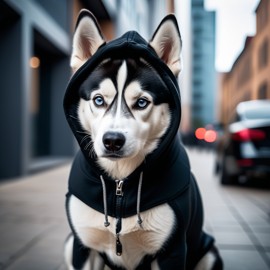 siberian husky in a black hoodie, set against a modern urban backdrop, emphasizing a stylish and trendy look.