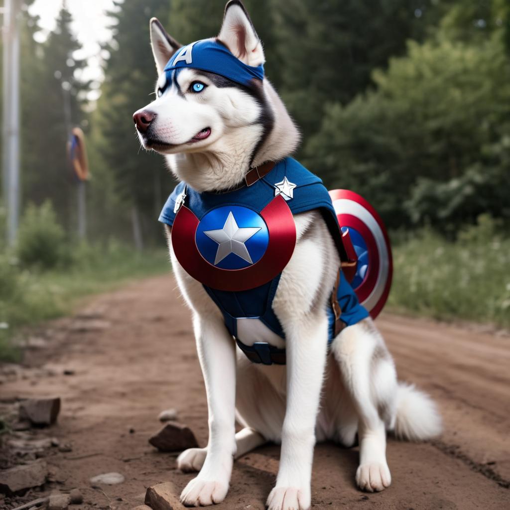 siberian husky as captain america from avengers, in action, cute and happy.