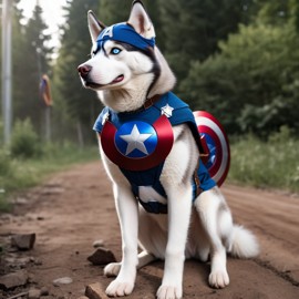 siberian husky as captain america from avengers, in action, cute and happy.