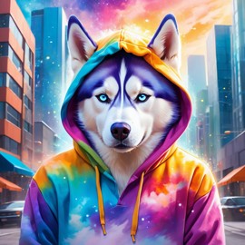 siberian husky in a colorful hoodie, with a magical urban background highlighting a cute and happy vibe.