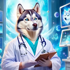 siberian husky as a doctor in a magical hospital setting, ethereal and dreamy with celestial details.