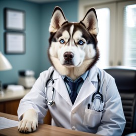 siberian husky as a doctor in an office, detailed and charming, with high budget, bokeh, and a moody atmosphere.