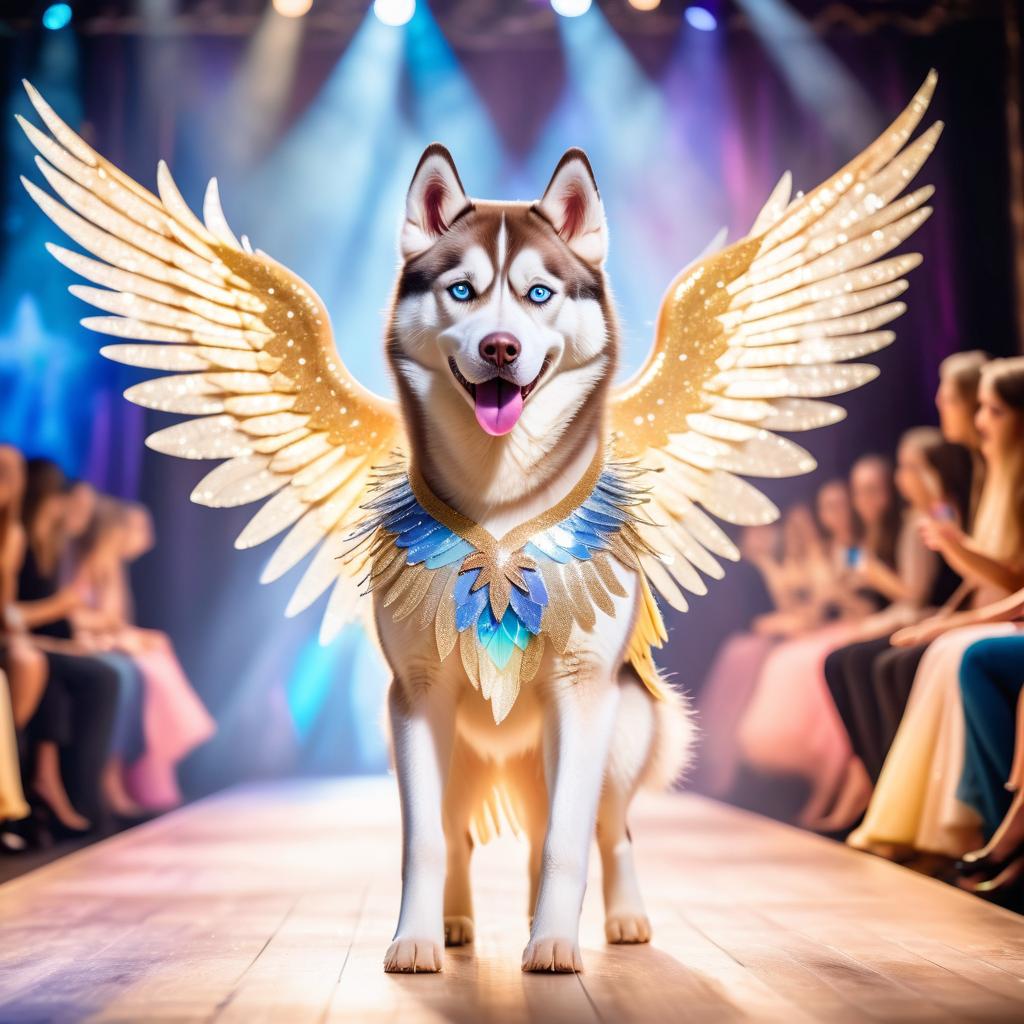 siberian husky strutting down the fashion show catwalk stage in a magical fairytale dress with glittering wings, high energy and magical.