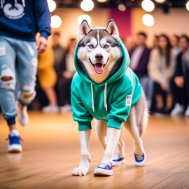 siberian husky strutting down the fashion show catwalk stage in trendy streetwear including a cool hoodie and sneakers, high energy and trendy.