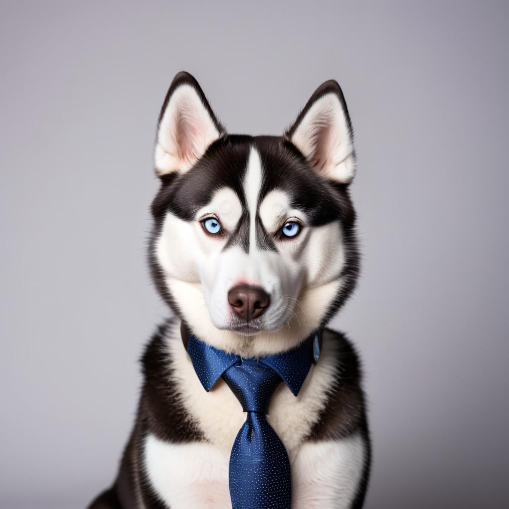 professional headshot of siberian husky wearing a stylish suit for a cv or linkedin, studio photo.