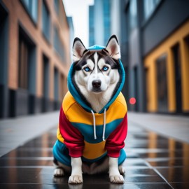 siberian husky in a colorful hoodie, set in a modern urban environment with a stylish and trendy vibe.