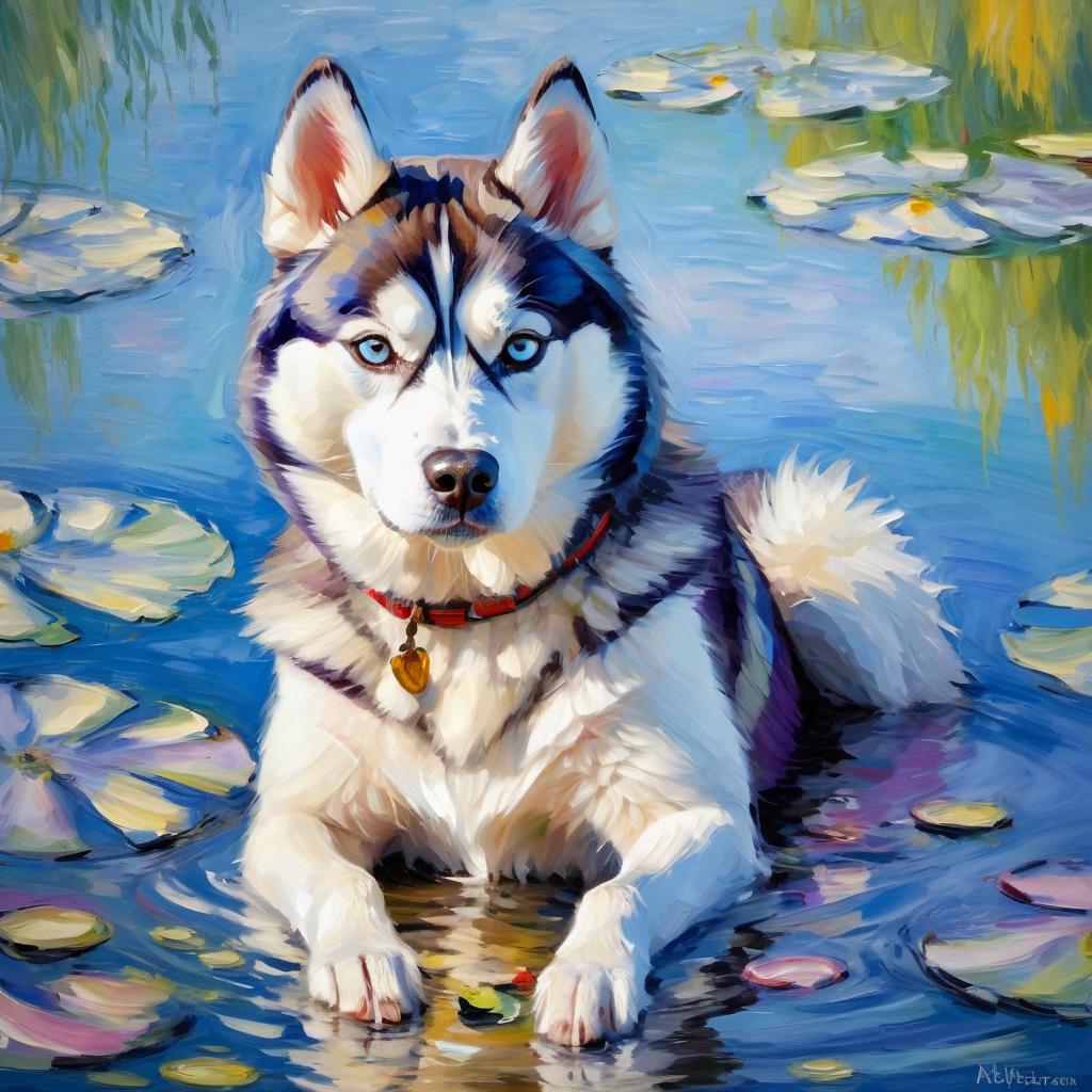 siberian husky in the style of monet, featuring delicate brush strokes and a classic, artistic appearance.