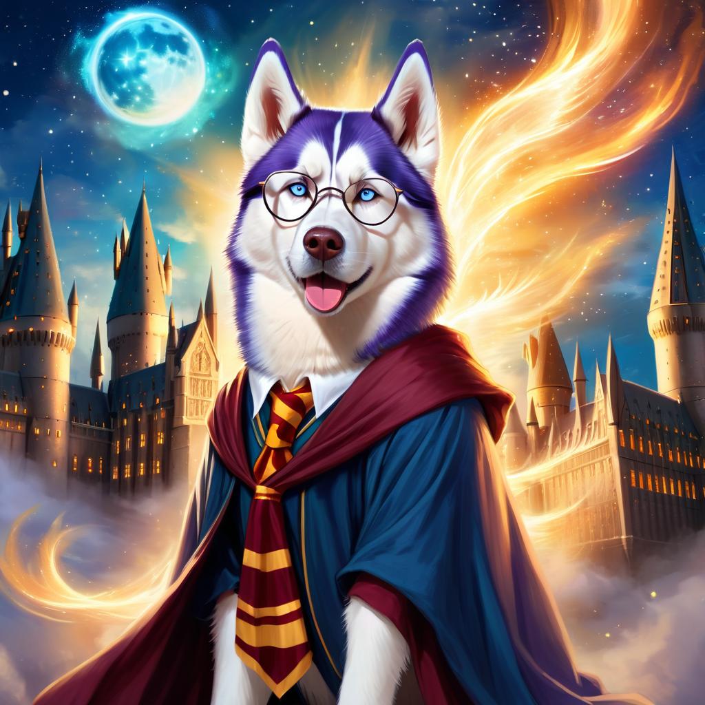 siberian husky as harry potter, with glasses and a magical hogwarts setting, evoking a celestial and epic feel.