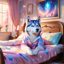 siberian husky in cute pyjamas, relaxing in a posh bedroom, capturing an ethereal and happy moment.