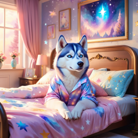 siberian husky in cute pyjamas, relaxing in a posh bedroom, capturing an ethereal and happy moment.