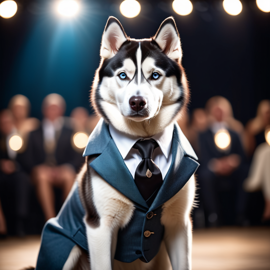 siberian husky in a classy suit on a fashion stage, showcasing elegance and charm in a highly detailed, epic scene.