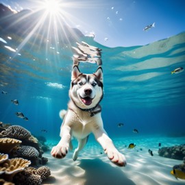 siberian husky swimming in a vibrant blue ocean with fish and coral reef, capturing a sunny and happy underwater scene.