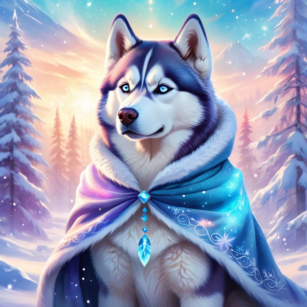 siberian husky in a winter scene, wearing stylish winter clothing, looking cute and happy.