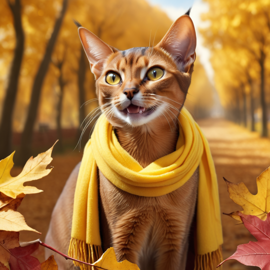 hyperrealistic autumn art of abyssinian cat in a yellow scarf, highly detailed and lifelike.