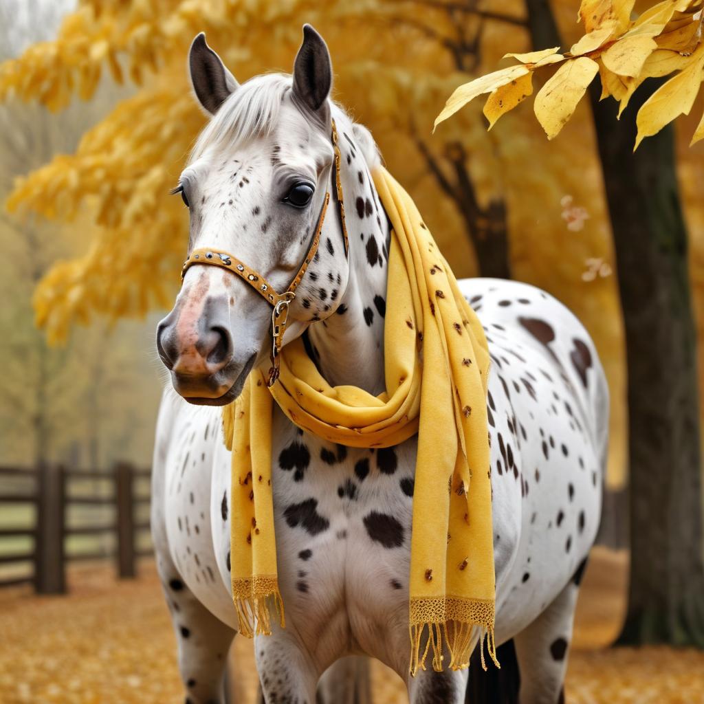 hyperrealistic autumn art of appaloosa horse in a yellow scarf, highly detailed and lifelike.