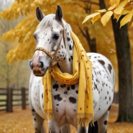 hyperrealistic autumn art of appaloosa horse in a yellow scarf, highly detailed and lifelike.