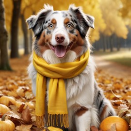 hyperrealistic autumn art of australian shepherd in a yellow scarf, highly detailed and lifelike.