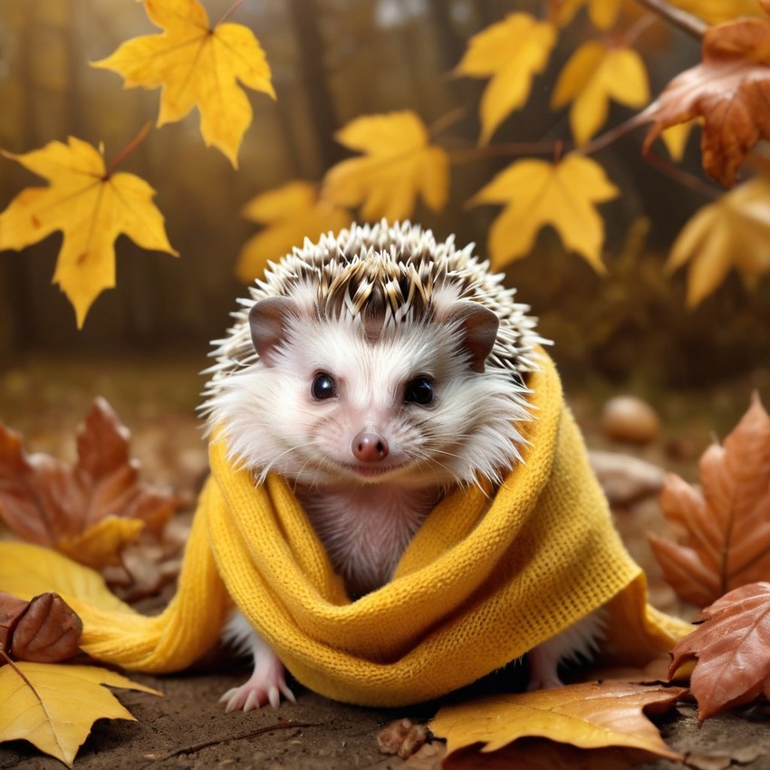 hyperrealistic autumn art of african pygmy hedgehog in a yellow scarf, highly detailed and lifelike.