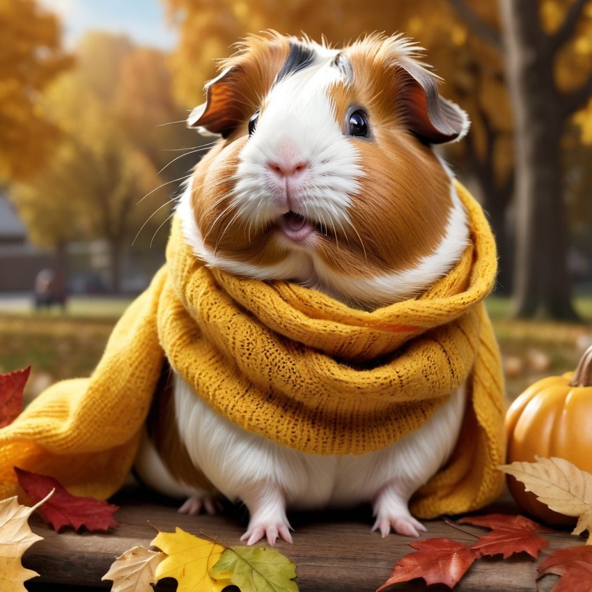 hyperrealistic autumn art of american guinea pig in a yellow scarf, highly detailed and lifelike.