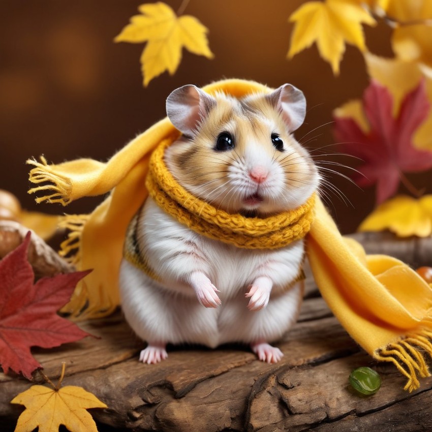 hyperrealistic autumn art of dwarf campbell russian hamster in a yellow scarf, highly detailed and lifelike.