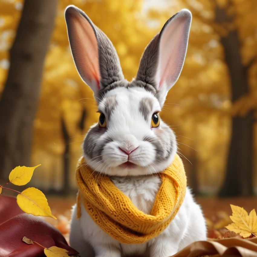 hyperrealistic autumn art of mini rex rabbit in a yellow scarf, highly detailed and lifelike.