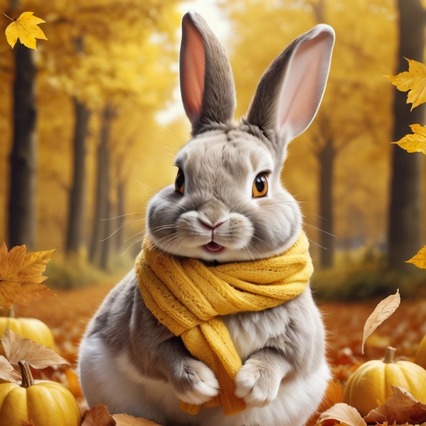 hyperrealistic autumn art of rex rabbit in a yellow scarf, highly detailed and lifelike.