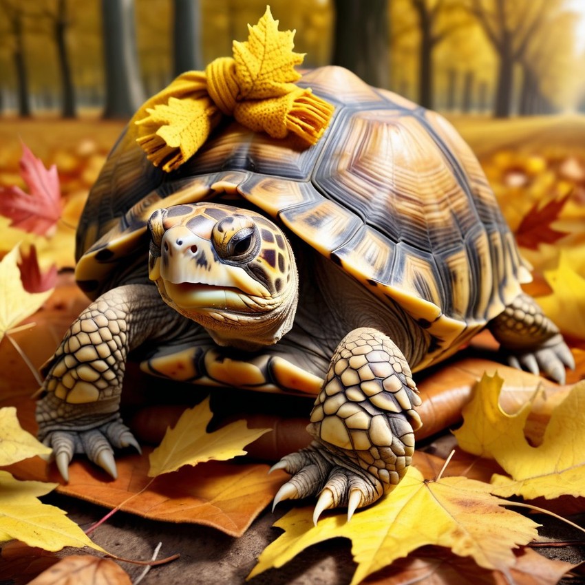 hyperrealistic autumn art of russian tortoise turtle/tortoise in a yellow scarf, highly detailed and lifelike.