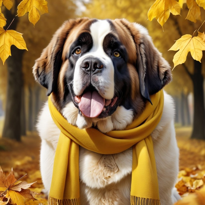 hyperrealistic autumn art of saint bernard in a yellow scarf, highly detailed and lifelike.