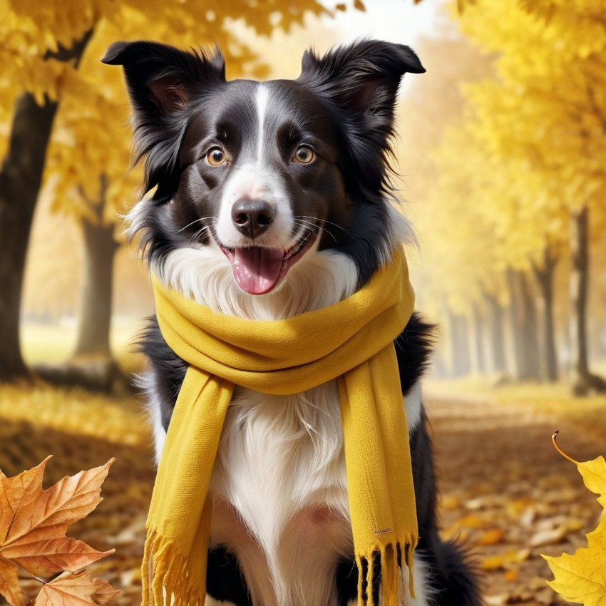 hyperrealistic autumn art of border collie in a yellow scarf, highly detailed and lifelike.