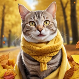 hyperrealistic autumn art of domestic shorthair cat in a yellow scarf, highly detailed and lifelike.