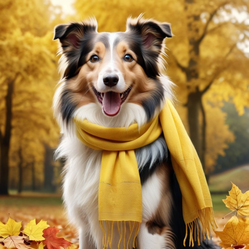 hyperrealistic autumn art of collie in a yellow scarf, highly detailed and lifelike.