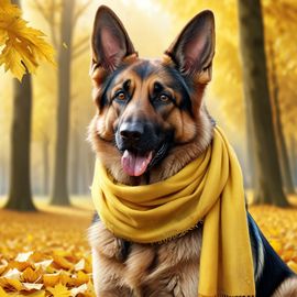 hyperrealistic autumn art of german shepherd in a yellow scarf, highly detailed and lifelike.