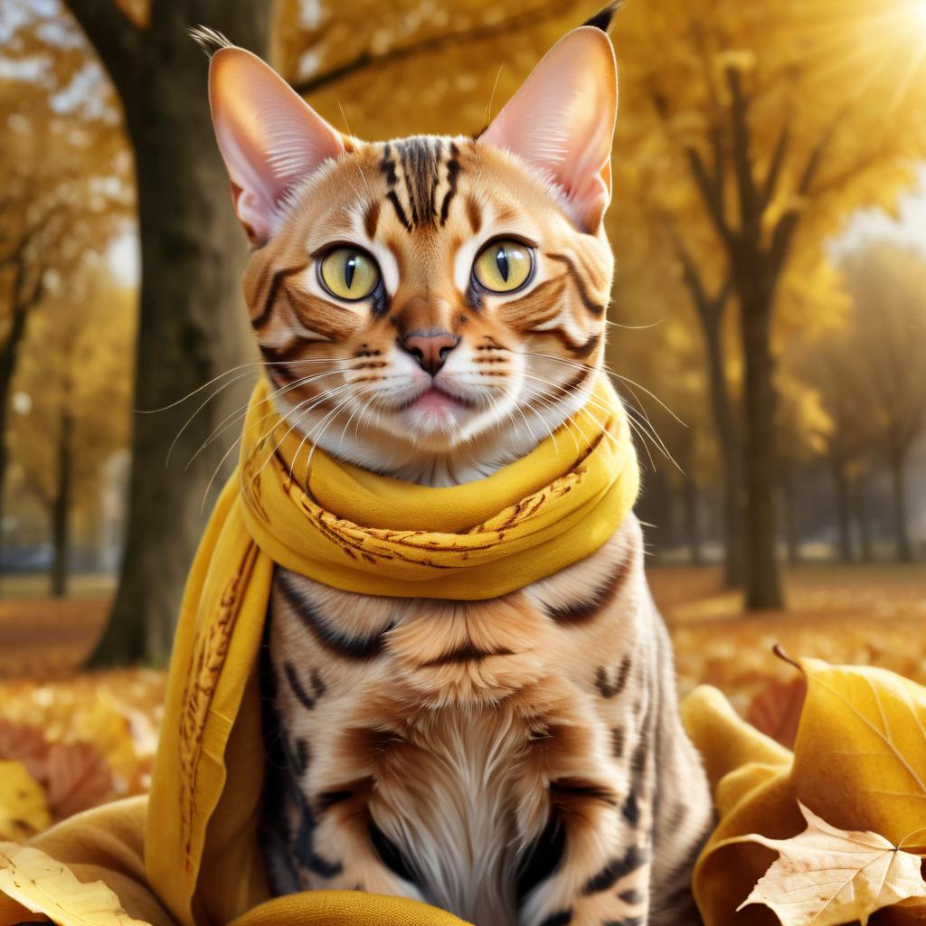 hyperrealistic autumn art of bengal cat in a yellow scarf, highly detailed and lifelike.