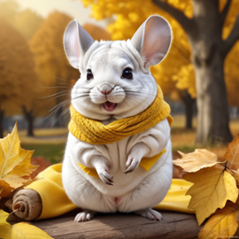 hyperrealistic autumn art of white chinchilla in a yellow scarf, highly detailed and lifelike.