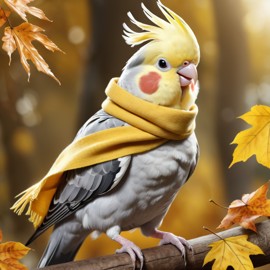 hyperrealistic autumn art of cockatiel bird in a yellow scarf, highly detailed and lifelike.