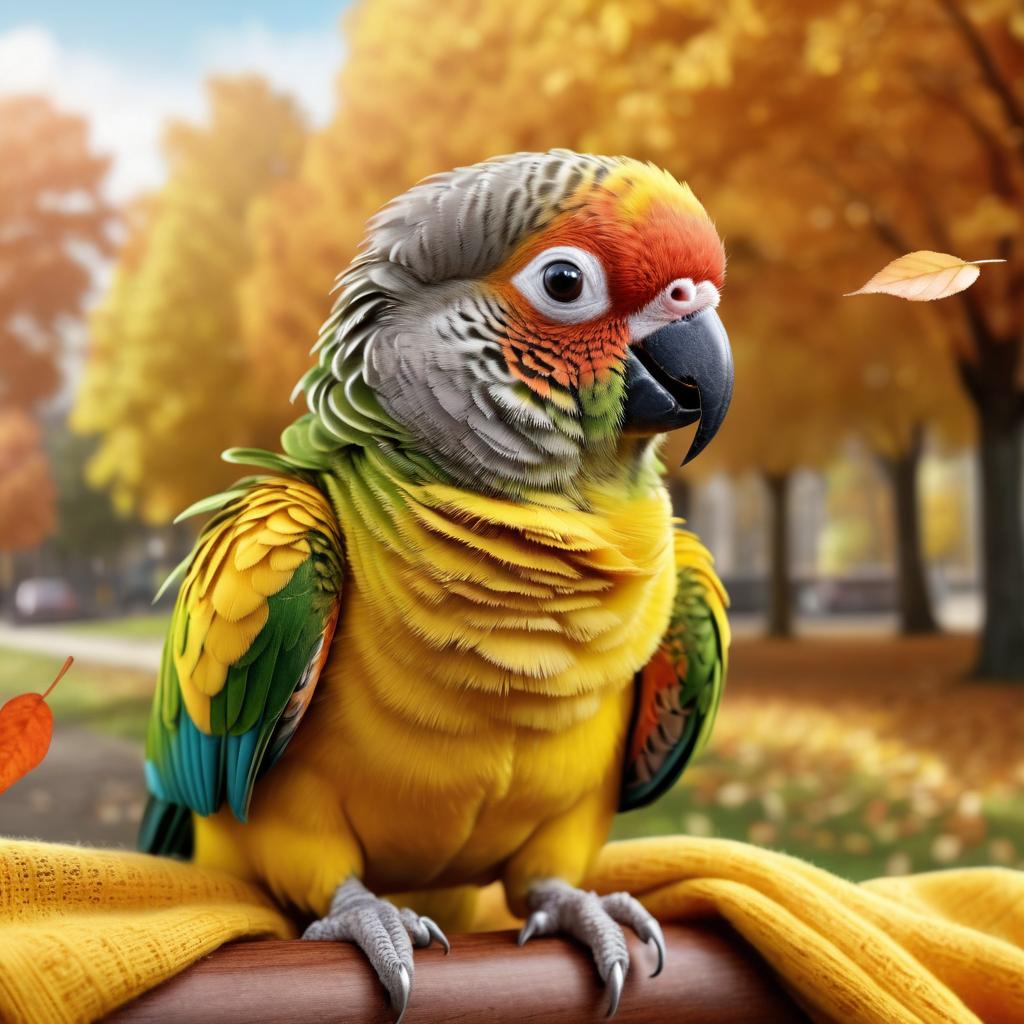 hyperrealistic autumn art of conure bird in a yellow scarf, highly detailed and lifelike.